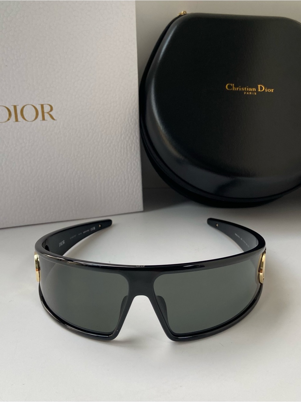Christian Dior Black Shield Sunglasses with Gold Accents